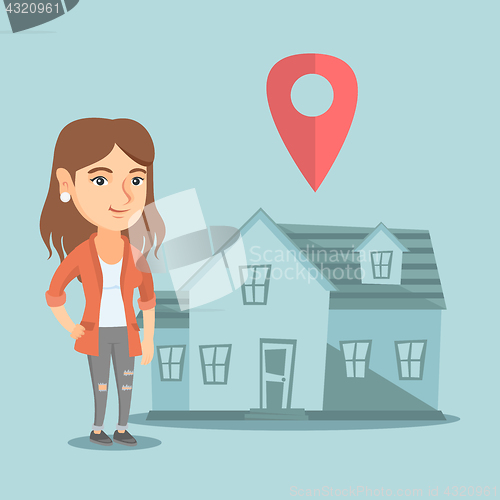 Image of Realtor and house with map pointer on background.