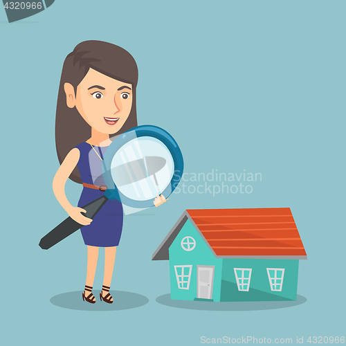 Image of Young caucasian business woman looking for house.