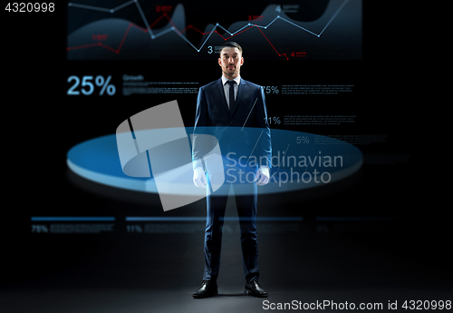 Image of businessman in suit with virtual chart hologram