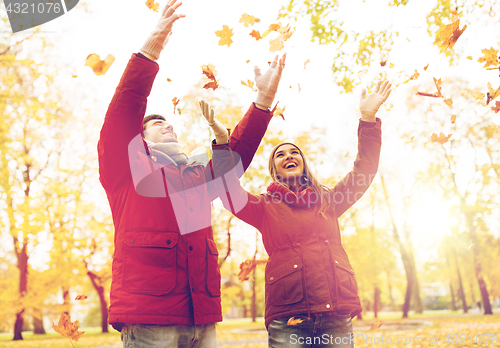 Image of happy young couple throwing autumn leaves in park