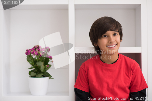 Image of young boy posing on a shelf