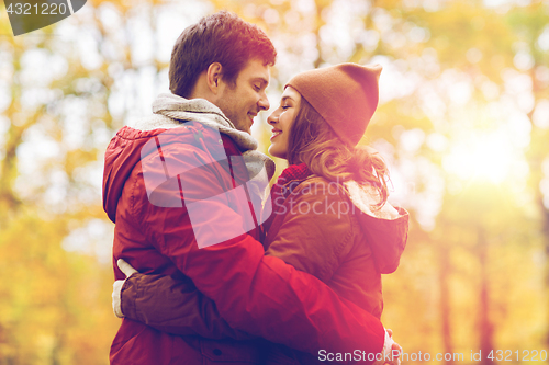 Image of happy young couple hugging in autumn park