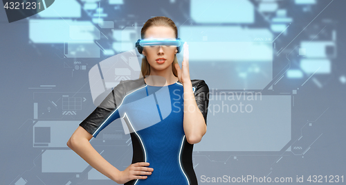 Image of woman in virtual reality 3d glasses with screens