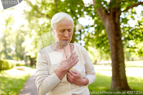 Image of senior woman feeling sick at summer park