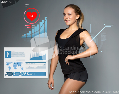 Image of young woman in sportswear with charts and pulse