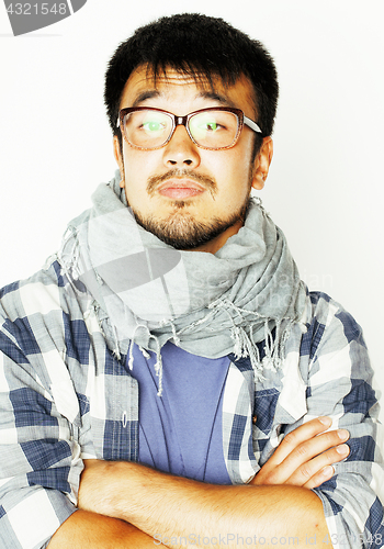 Image of young handsome asian man hipster in glasses on white background,