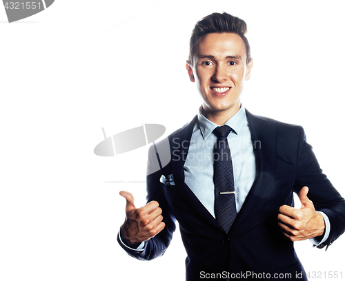 Image of young pretty businessman posing emotional on white background, l