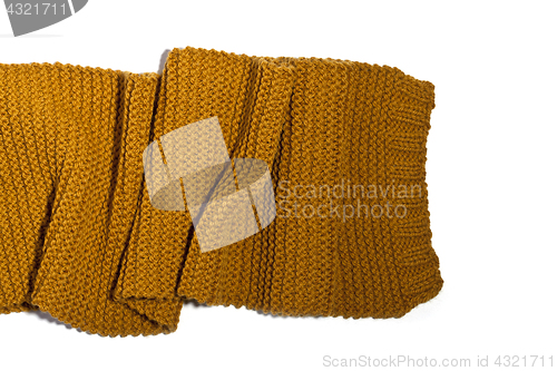 Image of knitted yellow scarf isolated on white background