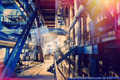 Image of Industrial zone, Steel pipelines in blue tones