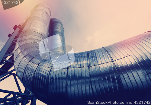 Image of Industrial zone, Steel pipelines and cables in blue tones