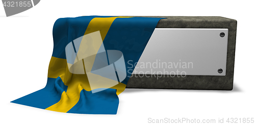 Image of stone socket with blank sign and flag of sweden - 3d rendering