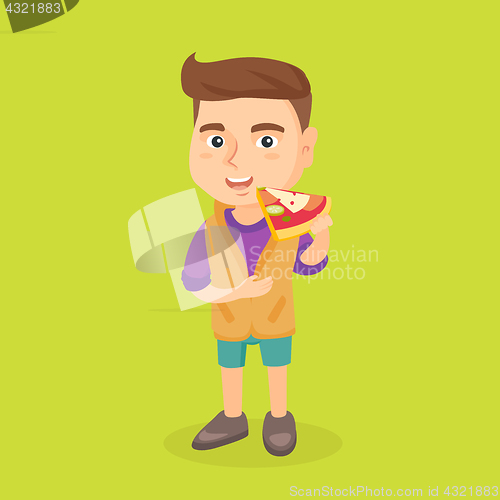 Image of Caucasian boy eating tasty pizza.