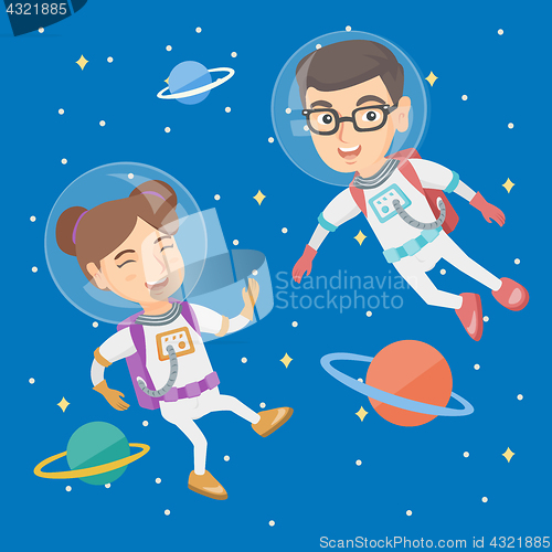 Image of Caucasian astronaut kids in suits flying in space.