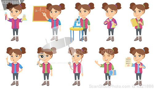 Image of Little caucasian girl vector illustrations set.