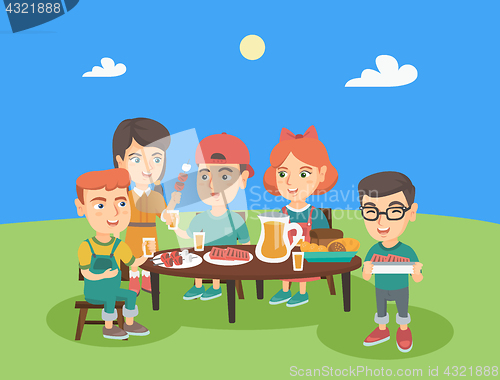 Image of Group of caucasian children having fun at picnic.