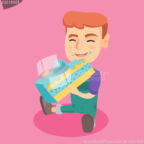 Image of Little caucasian happy boy eating a piece of cake.