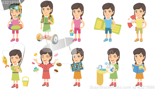 Image of Little caucasian girl vector illustrations set.