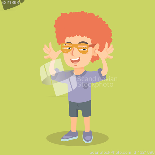 Image of Little caucasian boy wearing clown wig and glasses
