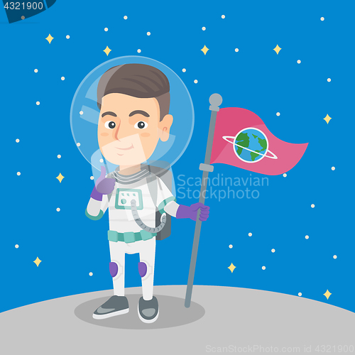 Image of Caucasian kid spaceman with flag on a new planet.
