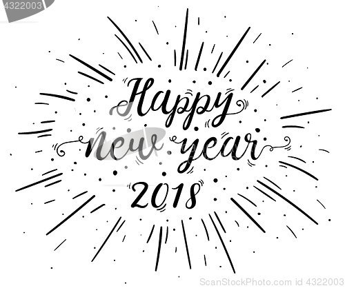 Image of Hand lettered Happy New Year 2018 text with burst.