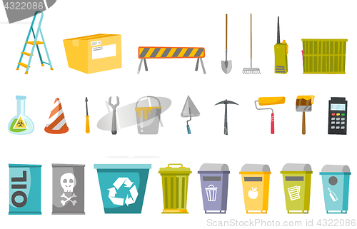 Image of Construction tools and waste bins illustration set