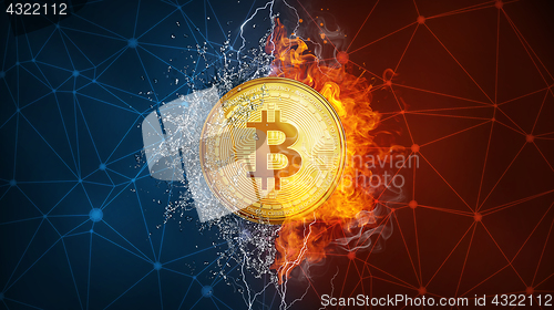 Image of Gold bitcoin coin hard fork in fire flame, lightning and water splashes.