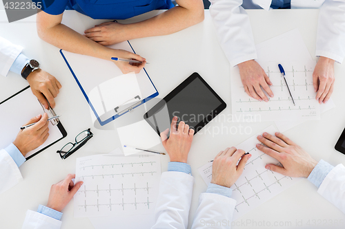 Image of doctors with cardiograms and tablet pc at hospital