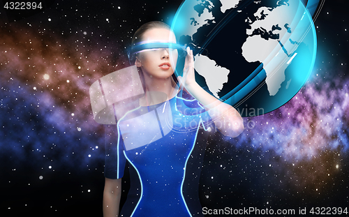 Image of woman in virtual reality 3d glasses with earth