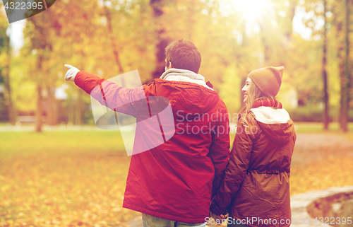 Image of happy young couple walking in autumn park