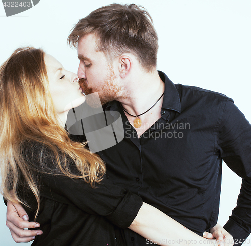 Image of young tender couple, man and woman in love isolated on white, fo