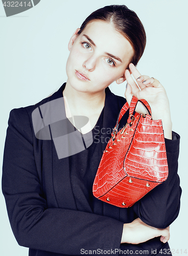 Image of young pretty cool fashion business lady wearing black suit and o