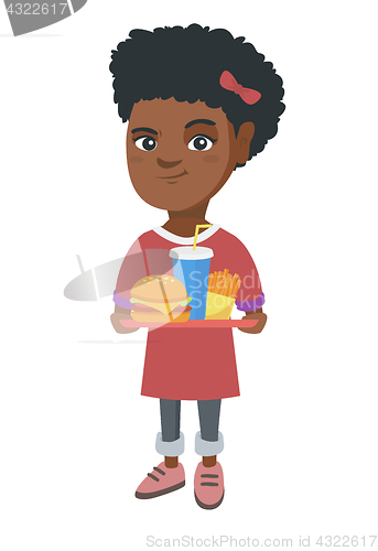 Image of Little african girl holding tray with fast food.