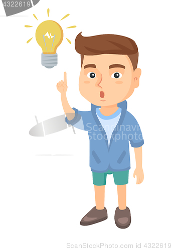 Image of Caucasian little boy pointing at the lightbulb.