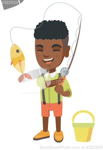 Image of Little boy holding fishing rod with fish on hook.