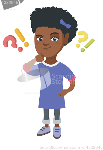 Image of Girl standing under question and exclamation marks