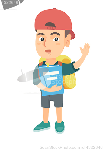 Image of Schoolboy holding a book and waving his hand.