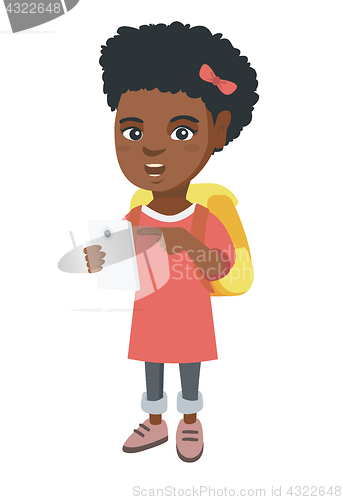 Image of African girl with backpack pointing at cellphone.
