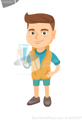 Image of Little caucasian boy holding a glass of water.