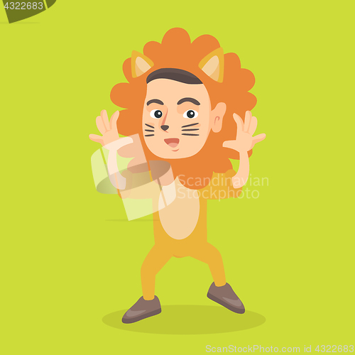 Image of Little caucasian boy wearing a lion costume.