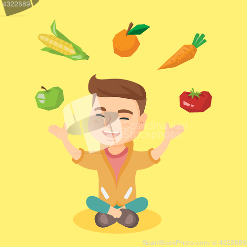 Image of Caucasian boy juggling vegetables and fruit.