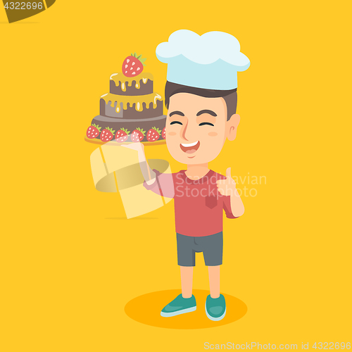 Image of Caucasian child in chef hat holding a cake.
