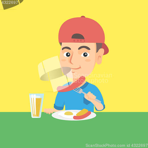 Image of Boy eating sausage and fried egg for breakfast.