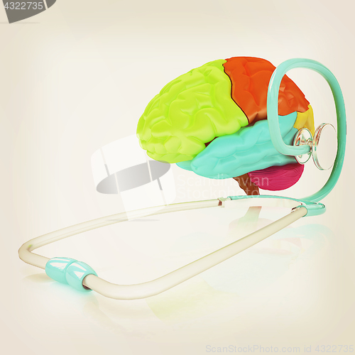 Image of stethoscope and brain. 3d illustration. Vintage style.