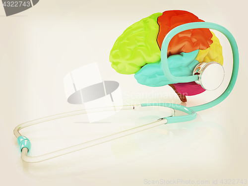 Image of stethoscope and brain. 3d illustration. Vintage style.