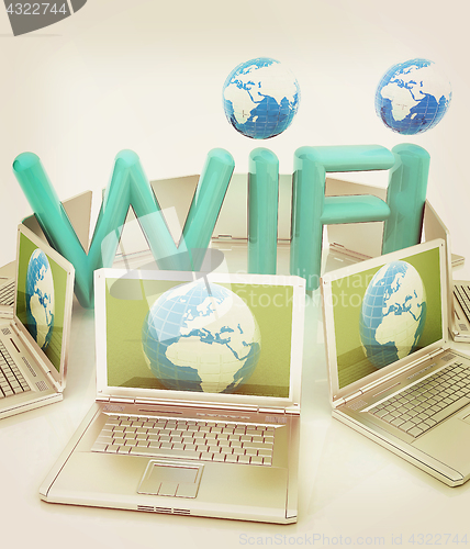 Image of Global concept of  WiFi connectivity between laptops. 3d render.