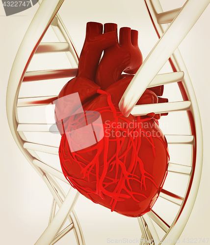 Image of DNA and heart. 3d illustration. Vintage style.