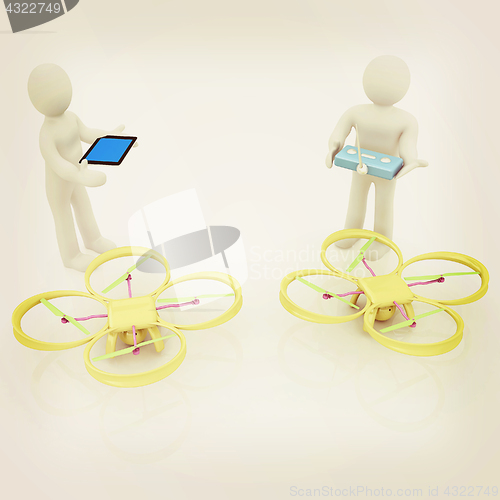 Image of 3d white people. Man flying a white drone with camera. 3D render