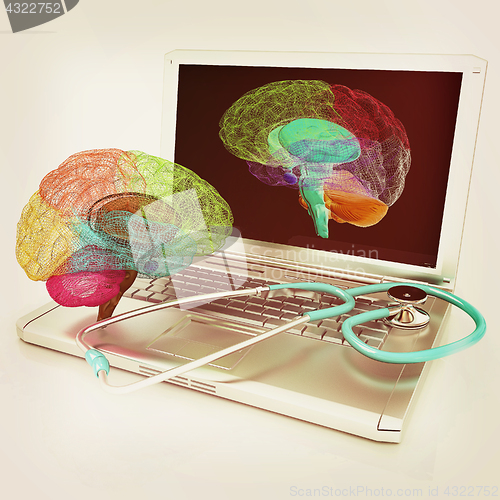 Image of Laptop, brain and Stethoscope. 3d illustration. Vintage style.