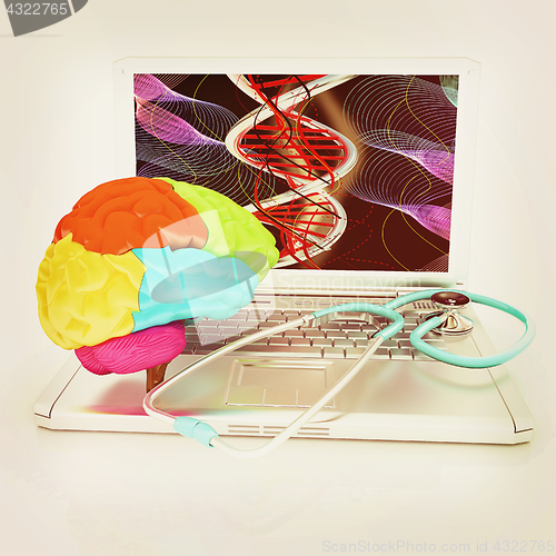 Image of Laptop, brain and Stethoscope. 3d illustration. Vintage style.