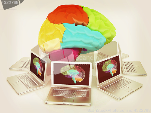 Image of Computers connected to central brain. 3d render. Vintage style.